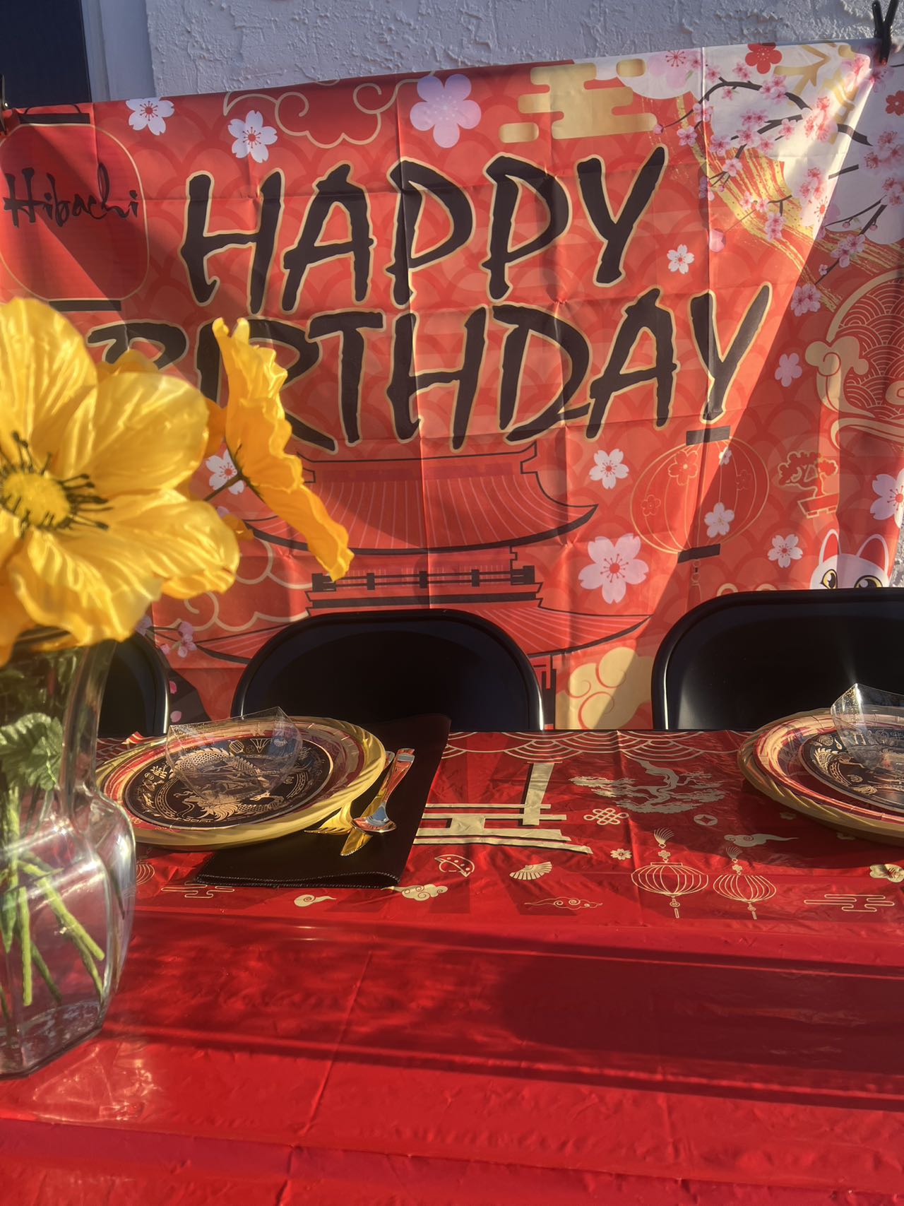 Birthday celebration with hibachi table setup
